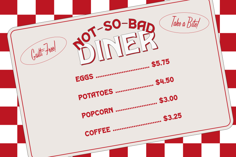 Photo Illustration: A diner menu listing eggs, potatoes, popcorn, and coffee