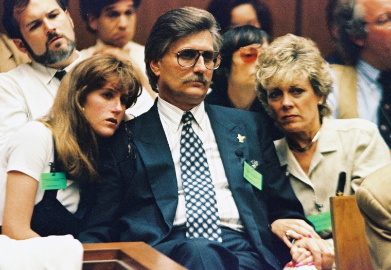 Fred Goldman, father of Ron Goldman, with his daughter Kim and wife Patty, during a preliminary hearing on July 7, 1994 in Los Angeles.