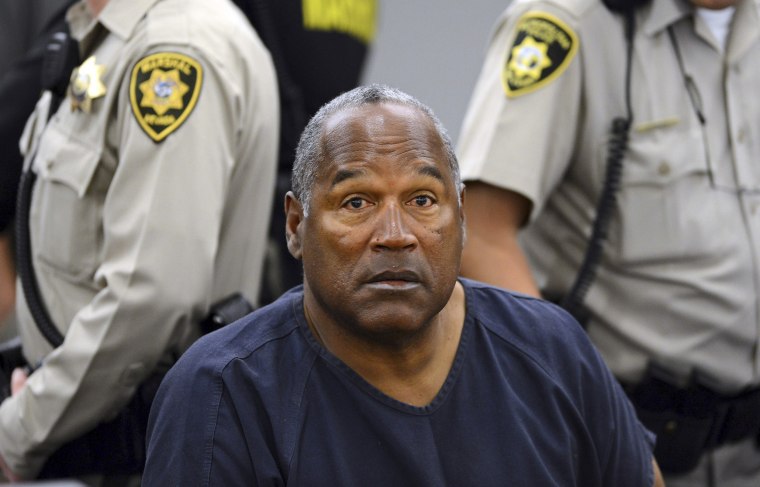 O.J. Simpson sits during a break on the second day of an evidentiary hearing in Clark County District Court in Las Vegas on May 14, 2013.