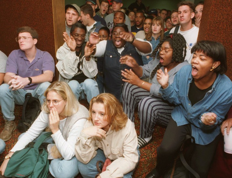 Students at Augustana College in Rock Island, Illinois, react to the announcement of O.J. Simpson's acquittal on Oct. 3, 1995. 