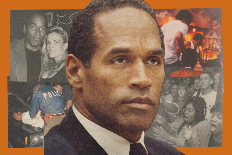 Photo illustration of O.J. Simpson on trial for the murder of his ex-wife, Nicole Brown; the LAPD arresting a Black man for allegedly selling narcotics in 1988; Black and white audience members react to the trial verdict; a building burns during the Rodney King riots in Los Angeles.