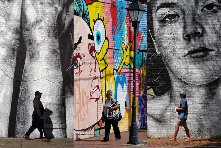 A triptych with various people walking in front of murals in Richmond, Virginia