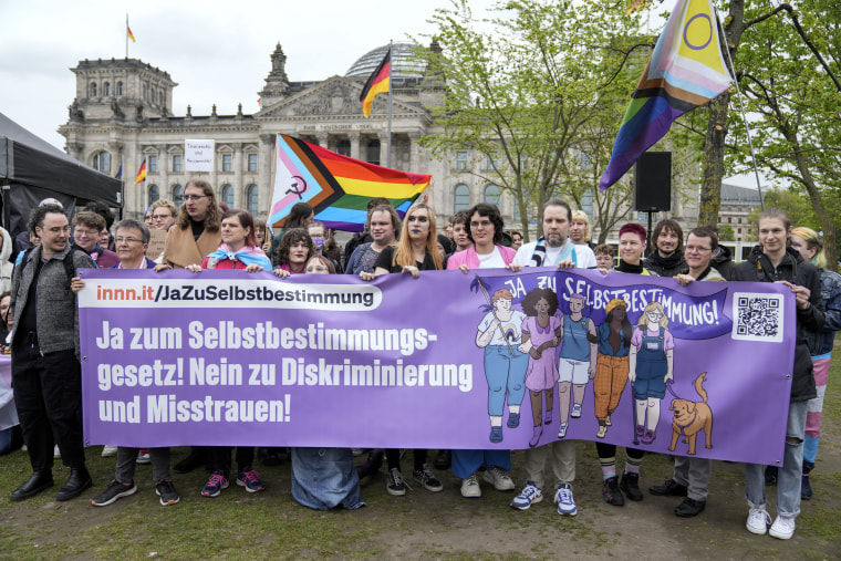 Demonstrators protest demanding a law to protect the rights of the transgender community outside of the parliament Bundestag building in Berlin