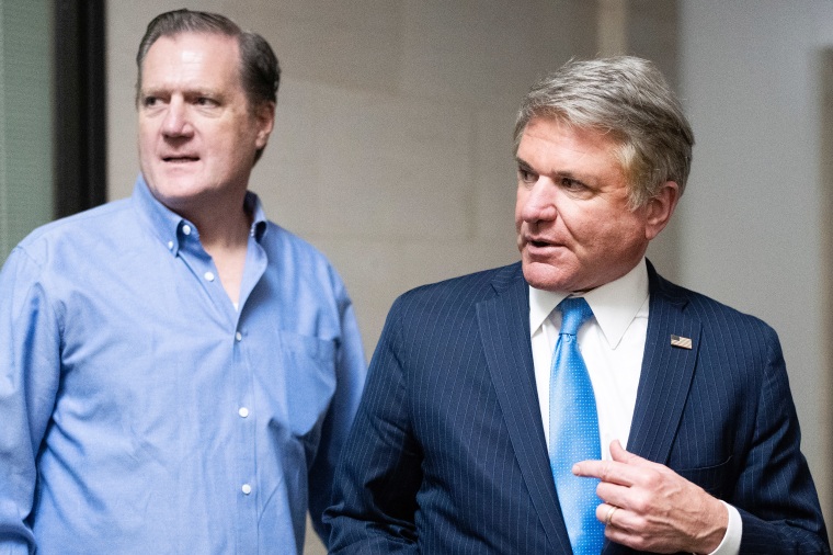 Reps. Michael McCaul, R-Texas, and Mike Turner, R-Ohio, leave a House Republican Conference candidate forum