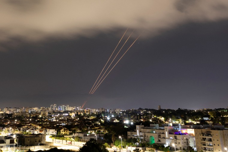 An anti-missile system operates after Iran launched drones and missiles towards Israel, as seen from Ashkelon