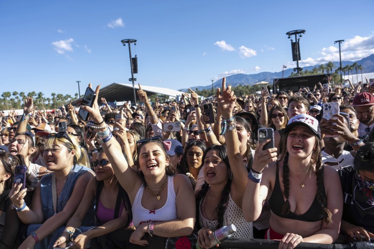 Festivalgoers attend the first weekend of the Coachella Valley Music and Arts Festival at the Empire Polo Club on Sunday, April 14, 2024, in Indio, Calif.