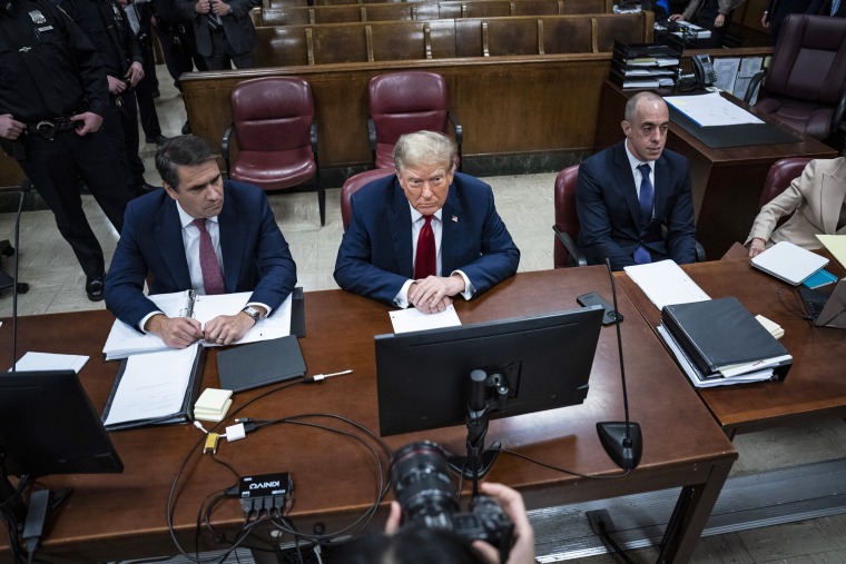 Former President Donald Trump appears with his legal team Todd Blanche and Emil Bove, right, ahead of the start of jury selection at Manhattan Criminal Court on April 15, 2024.