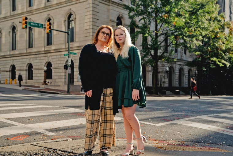 Becky Pepper-Jackson and her mother, Heather Jackson after a hearing at the U.S. Court of Appeals for the Fourth Circuit in Richmond, Va., on Oct. 27, 2023. 