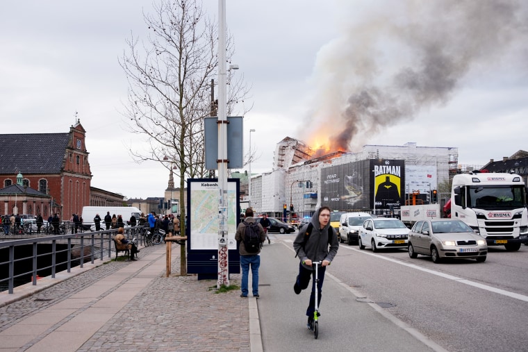 Fire rages through the 17th-century old Stock Exchange in Copenhagen and its spire has collapsed on April 16, 2024.
