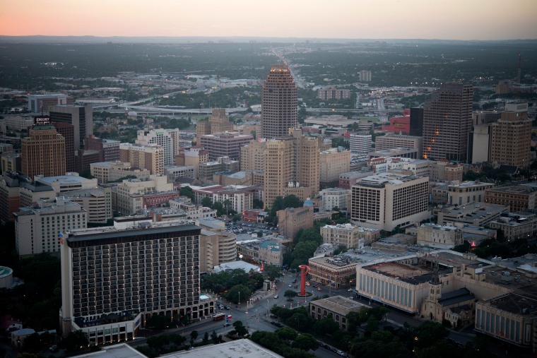 Buildings stand in the skyline of downtown San Antonio