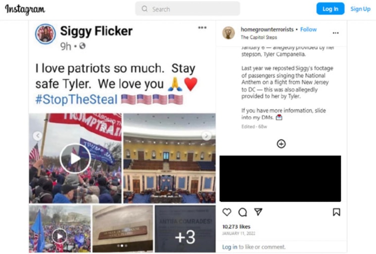 A screenshot from the Instagram account "homegrownterrorists" that appears to contain a screenshot of an online post by Siggy Flicker.