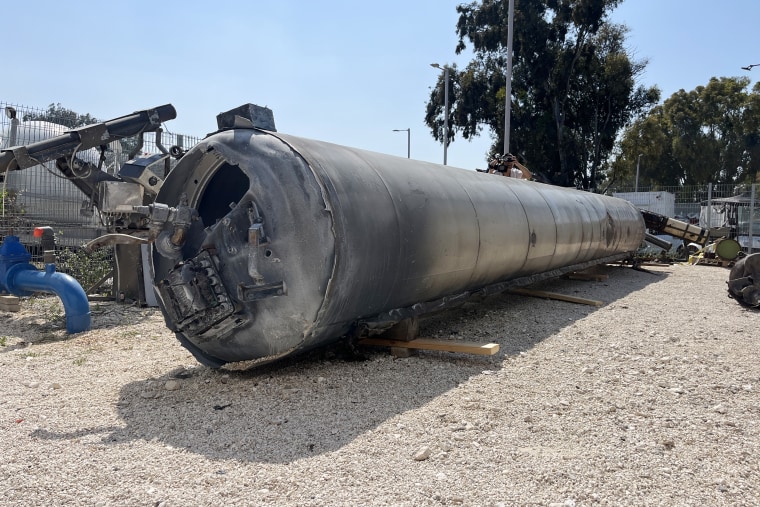 NBC News was given access to a military base in central Israel yesterday, where we saw what the Israel Defense Forces said was the remains of a fuel tank from one of those ballistic missiles. 