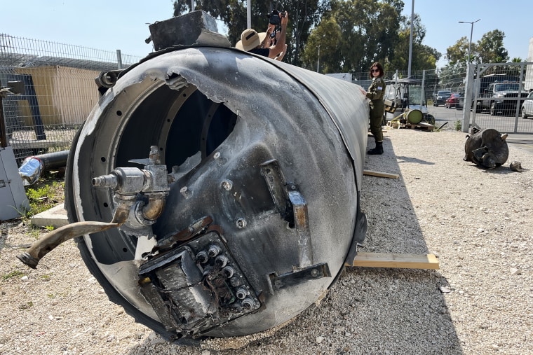 NBC News was given access to a military base in central Israel yesterday, where we saw what the Israel Defense Forces said was the remains of a fuel tank from one of those ballistic missiles. 