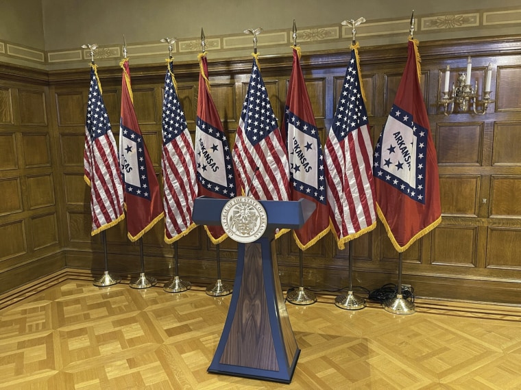 The wood-paneled lectern in the governor's conference room at the Arkansas state Capitol, on Tuesday. 