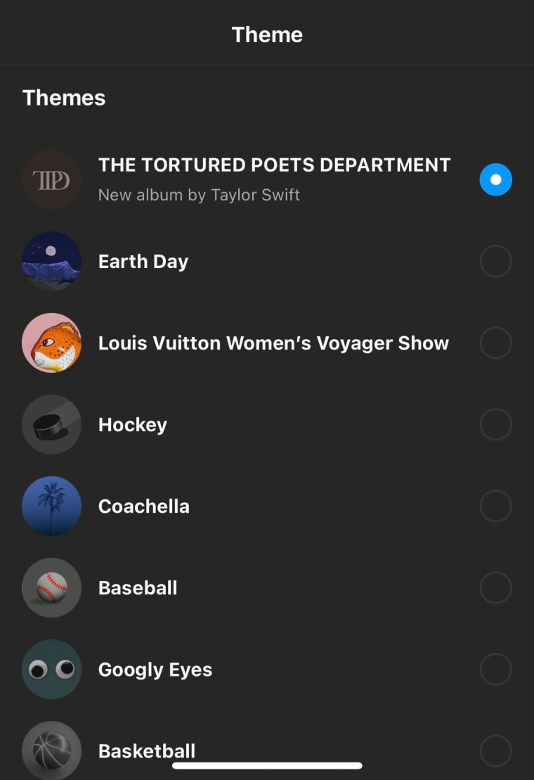 Instagram has added “The Tortured Poets Department” as a chat theme.