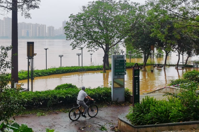 A cyclist peddles past flood waters near a river