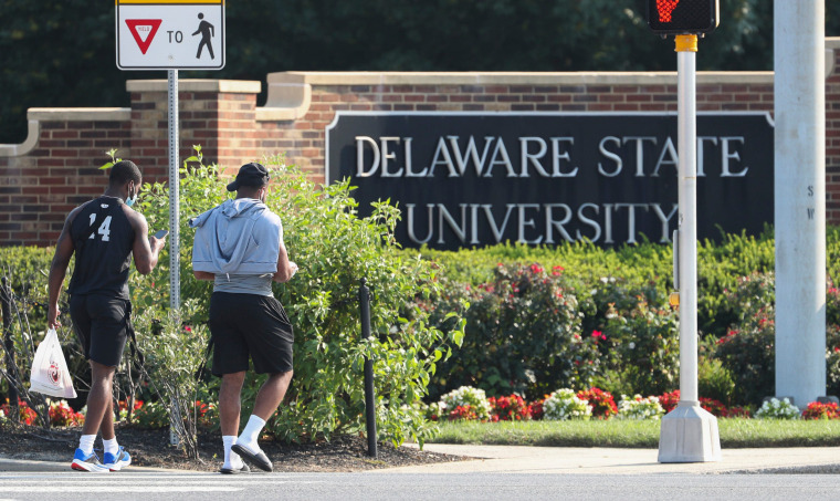 Delaware State University students enter the Dover campus.