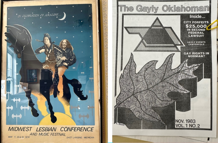 A music festival poster and an Oklahoma LGBTQ magazine found among the items at the Lesbian Herstory Archives in Brooklyn, N.Y.
