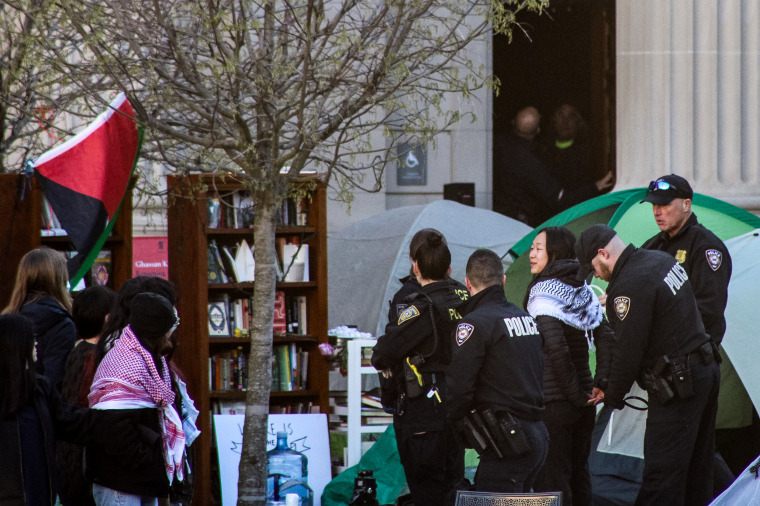 After a third night of camping out, Police officers arrested protesters in support of the Palestinian cause  on Yale University’s campus on April 22, 2024.