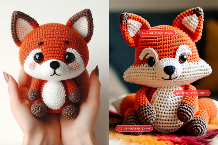 Left, an image used to advertise a crochet pattern on Etsy for a store that is no longer present on it. Right, an AI-generated image of a “crochet cute fox” NBC News created with Meta’s Imagine.