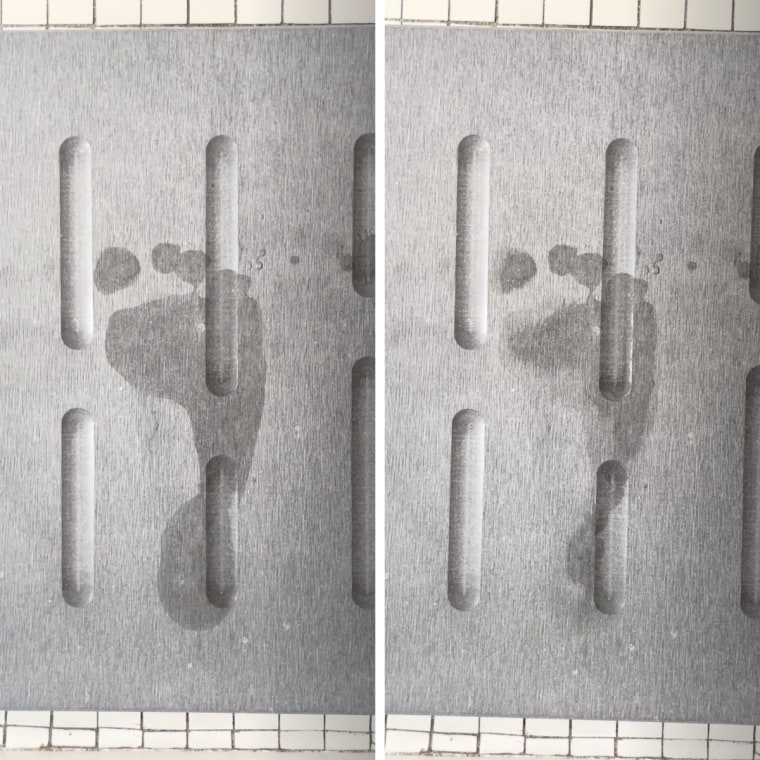 Side-by-side image of wet footprint drying on bath mat