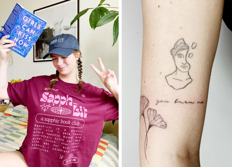 Nina Haines, founder of Sapph-Lit, and her Sappho tattoo, inked by Yink of Golden Hour Tattoo in Brooklyn, N.Y.