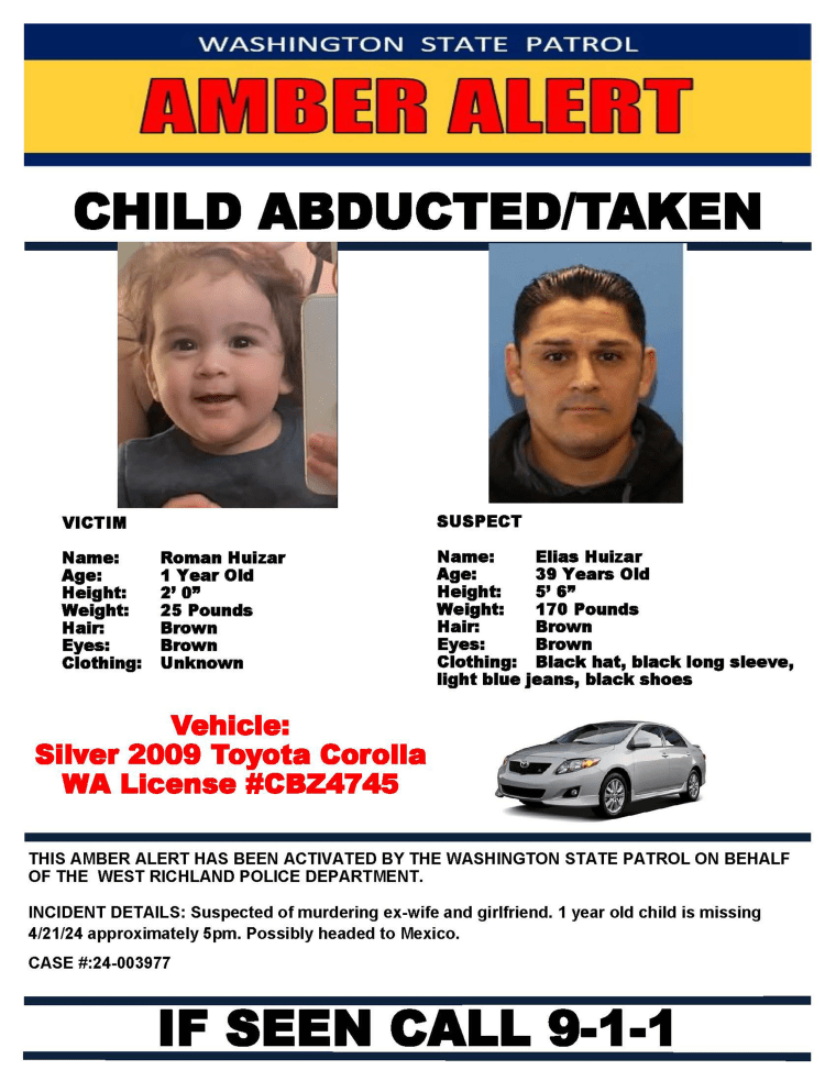 An Amber Alert leaflet handed out by Washington State Patrol shows 1 year old Roman Hulzar and his father, 39 year old Elias Hulzar, suspected of murdering his ex-wife and girlfriend. 