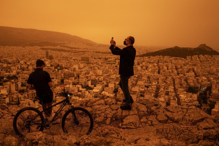 Clouds of dust blown in from the Sahara covered Athens and other Greek cities on April 23, 2024, one of the worst such episodes to hit the country since 2018, officials said. The yellow-orange haze smothered several regions, limiting visibility and prompting warnings of breathing risks from the authorities.