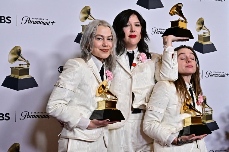 Phoebe Bridgers, Lucy Dacus, and Julien Baker, of the group boygenius, at the Grammy Awards on February 4, 2024. 