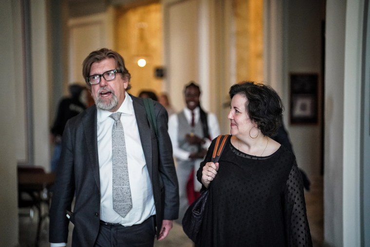 The New York Public Theater’s artistic director, Oskar Eustis, and Maria Manuela Goyanes, the artistic director of the Woolly Mammoth Theatre Company in Washington, D.C., at the Capitol to advocate for funding for theaters on April 11.