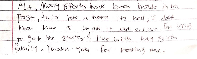 An excerpt from handwritten statements by boys removed from Atlantis Leadership Academy.
