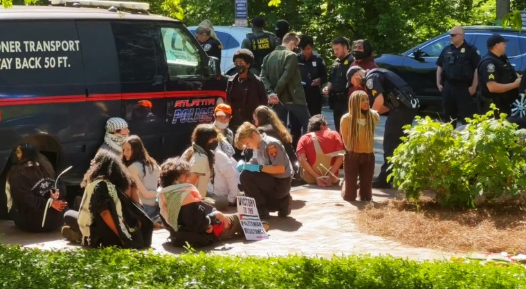 Students protesting in support of Gaza are detained by police at Emory University in Atlanta on April 24, 2024.
