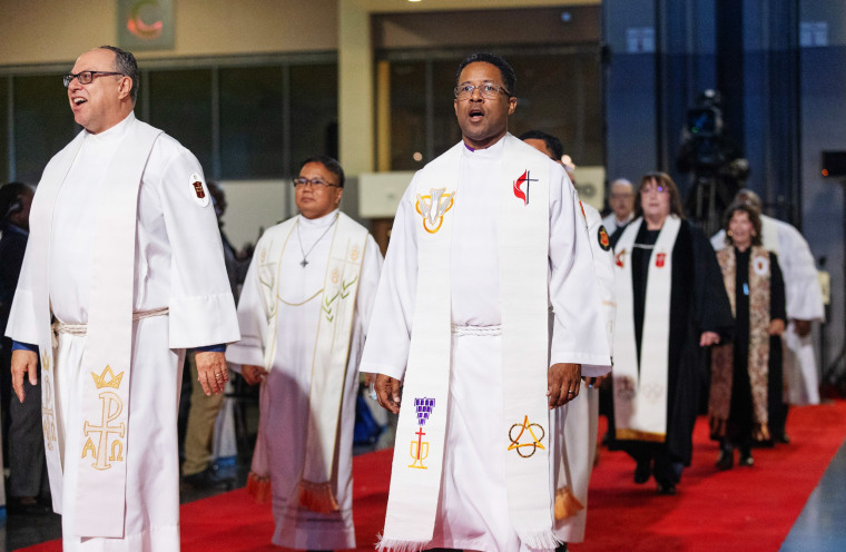 A procession of United Methodist bishops leads opening worship at the 2024 United Methodist Church General Conference in Charlotte, N.C., on April 25.