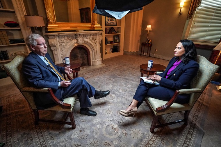 Kristen Welker, the moderator of Meet the Press, interviews Minority Leader Mitch McConnell  on April 25, 2024 in the U.S. Capitol.