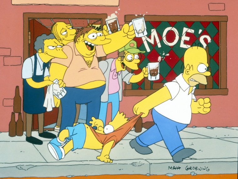 Larry the Barfly, second from left, stands behind Moe, left, and Barney outside Moe's Tavern in a 1989 episode of "The Simpsons." 