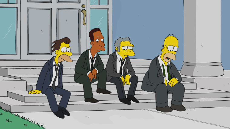 Lenny, Carl, Moe and Homer Simpson mourn Larry the Barfly in the Simpsons episode "Cremains of the Day."