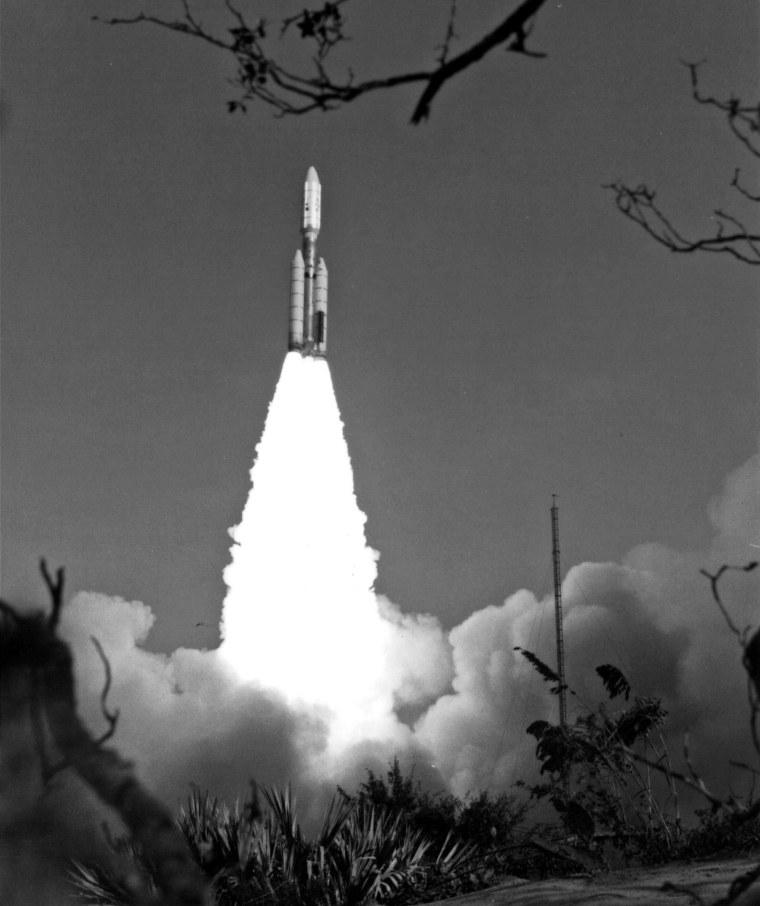 A Titan/Centaur-6 launch vehicle carries NASA's Voyager 1 at the Kennedy Space Center on Sept. 5, 1977.