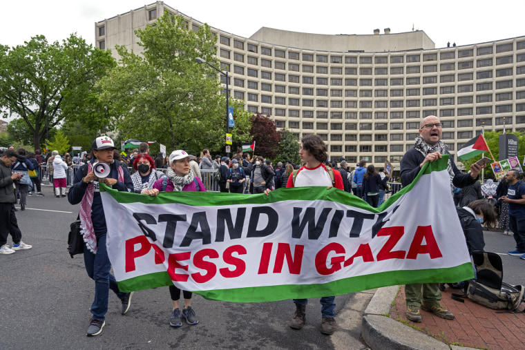 Demonstrators protest the Israel-Hamas war outside the Hilton complex in Washington
