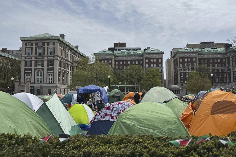 Pro-Palestinian protesters camp out in tents at Columbia University in New York on Saturday.