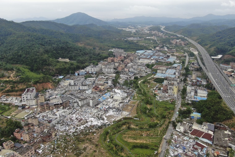 Aerial photos posted by Chinese state media on Sunday showed the wide devastation of a part of the southern city of Guangzhou after a tornado swept through the day before, killing and injuring dozens of people and damaging over a hundred buildings.