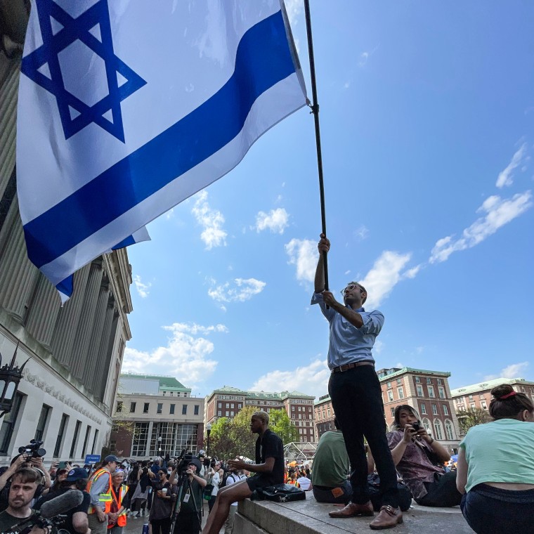 David Lederer waves an Israeli flag on campus