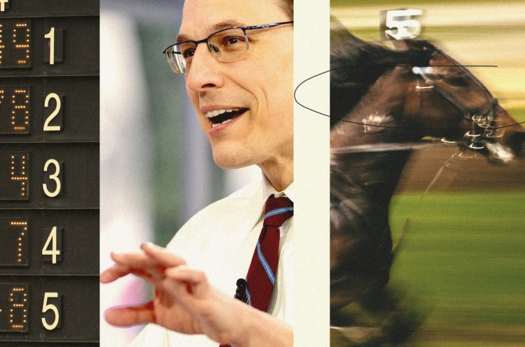 Photo collage of a horse race scoreboard, Steve Kornacki, and a horse running 
