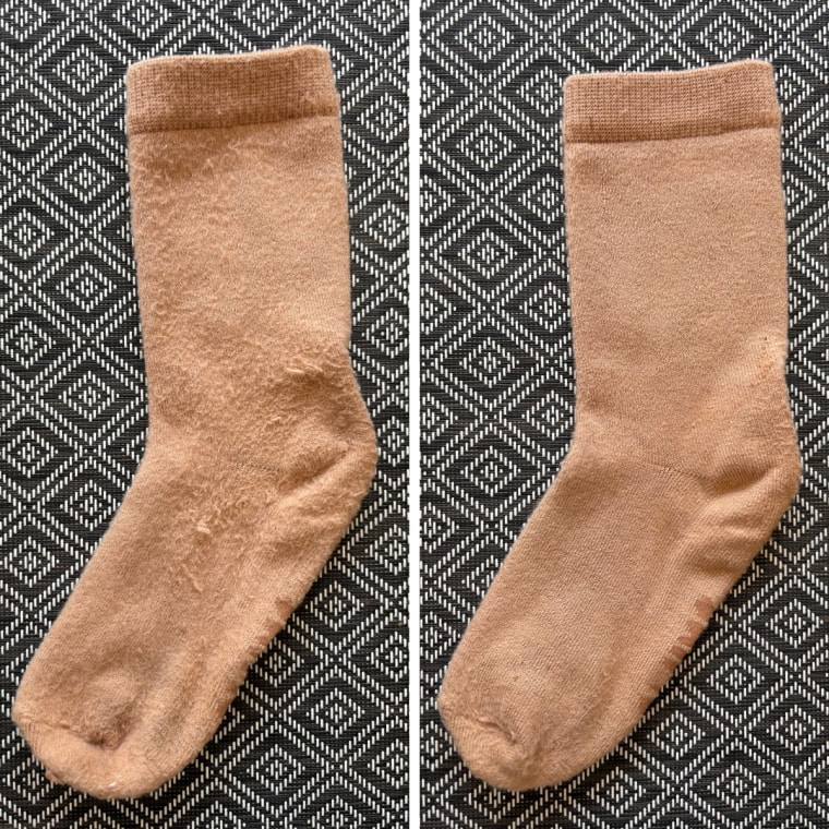 Skims Everyday Crew Socks before using a fabric shaver (left) and after using a fabric shaver to get rid of pilling (right).