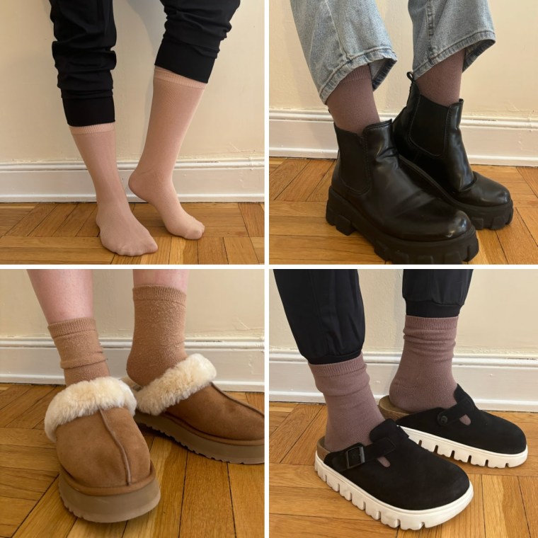 A woman wearing Skims Everyday Crew Socks with high-top sneakers, boots and slippers.