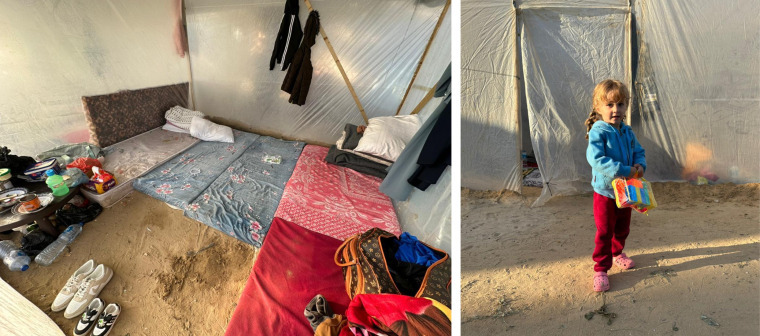 Left, Anas Al Borno's makeshift tent in Rafah. His daughter Julia, 3, right, in front of the tent in February, has since fled to Egypt.