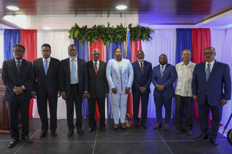 Image: Transitional Council members  after a ceremony to name its president and a prime minister in Port-au-Prince, Haiti