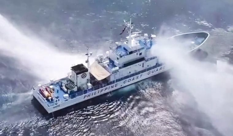 The Philippines said the China Coast Guard fired water cannon on April 30 at two of its vessels, causing damage to one of them, during a patrol near a reef off the Southeast Asian country. 
