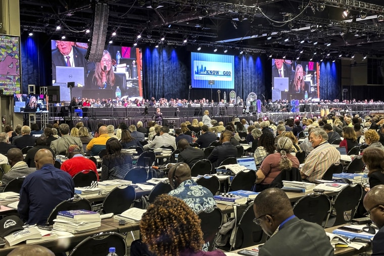 Image: Bishop Sandra Steiner Ball presides at a session of the General Conference of the United Methodist Church on April 29, in Charlotte, N.C. 