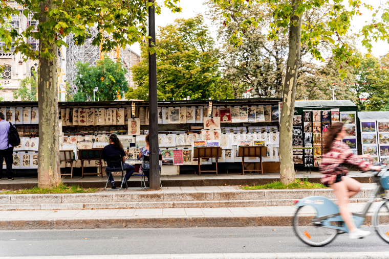 Stalls of bouquinistes, booksellers of used and antiquarian books along the banks of the Seine, Paris city centre, France
