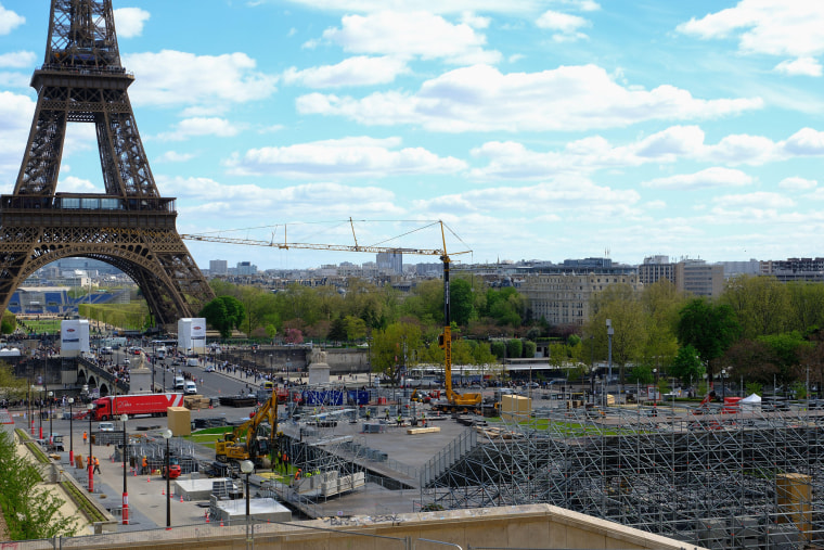 Paris, France. 10th Apr, 2024. Trocadero construction site for the upcoming Paris 2024 Olympic Games in Paris, France on April 10, 2024. Photo by Marie Hubert Psaila/ABACAPRESS.COM. Credit: Abaca Press/Alamy Live News